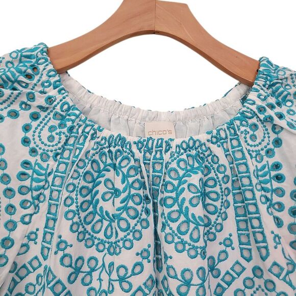 Chico's Eyelet Embroidered Top Womens Small Aqua Green Short Sleeve Bohemian - Picture 3 of 12